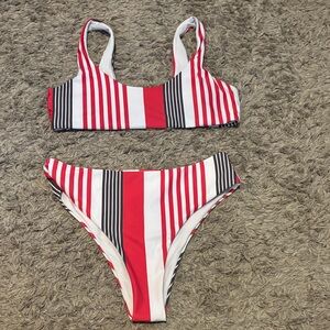 SHEIN Red White Black Striped Bikini Set